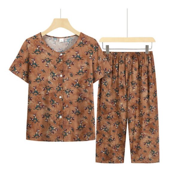 夏季中老年綿綢套裝（深卡其）【尺碼：XL-4XL】【下單後聯絡客服確認發貨尺碼】F203013278