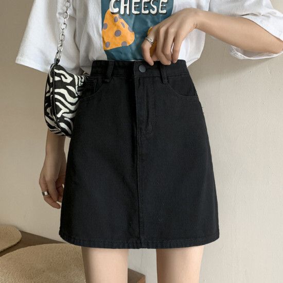 高腰牛仔半身裙A字短裙【黑色】【XS-2XL碼】(下單後請聯絡客服確認發貨尺碼)#K011011378