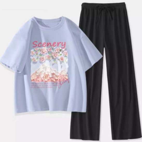 短袖冰絲褲兩件裝【淺藍色（富士櫻花）+黑褲】【S-XL碼】（下單後請聯絡客服確認發貨尺碼）#K011002684