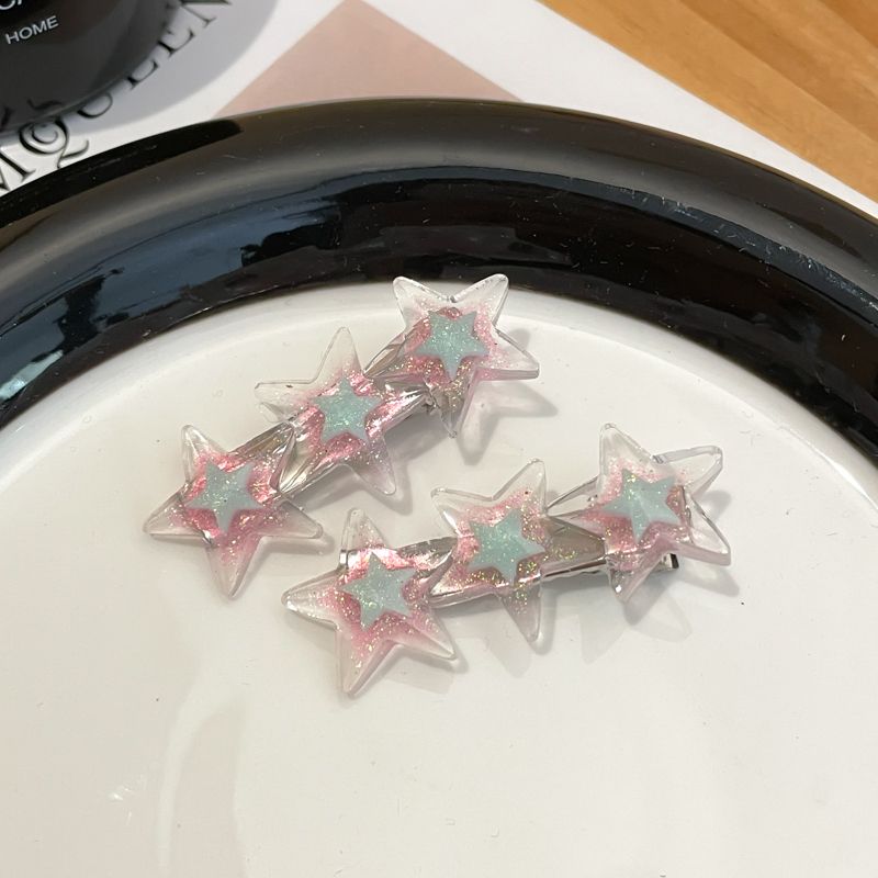 兒童彩色小髮夾側邊夾 頭飾/髮飾(10-閃閃淺粉藍五角星壓夾-1對)