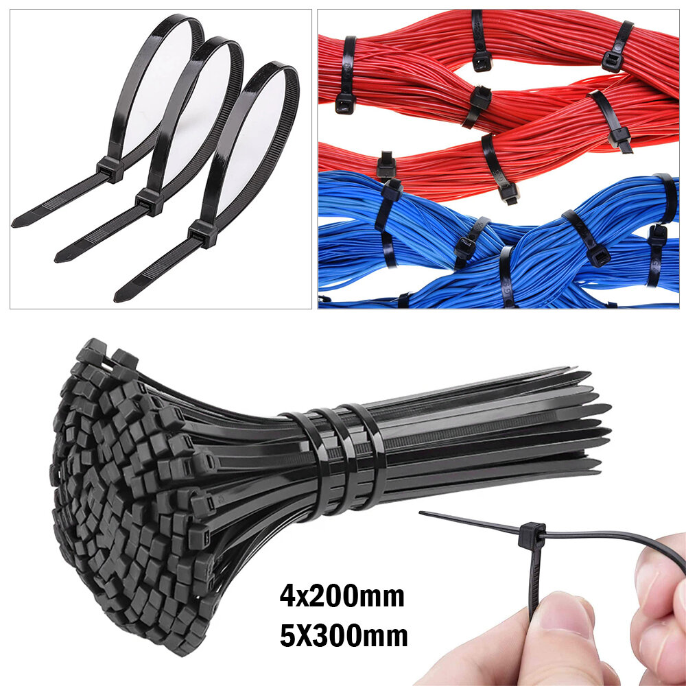 100pcs 4x200mm Black Plastic Strap Cable Ties Self-Locking Nylon Ties