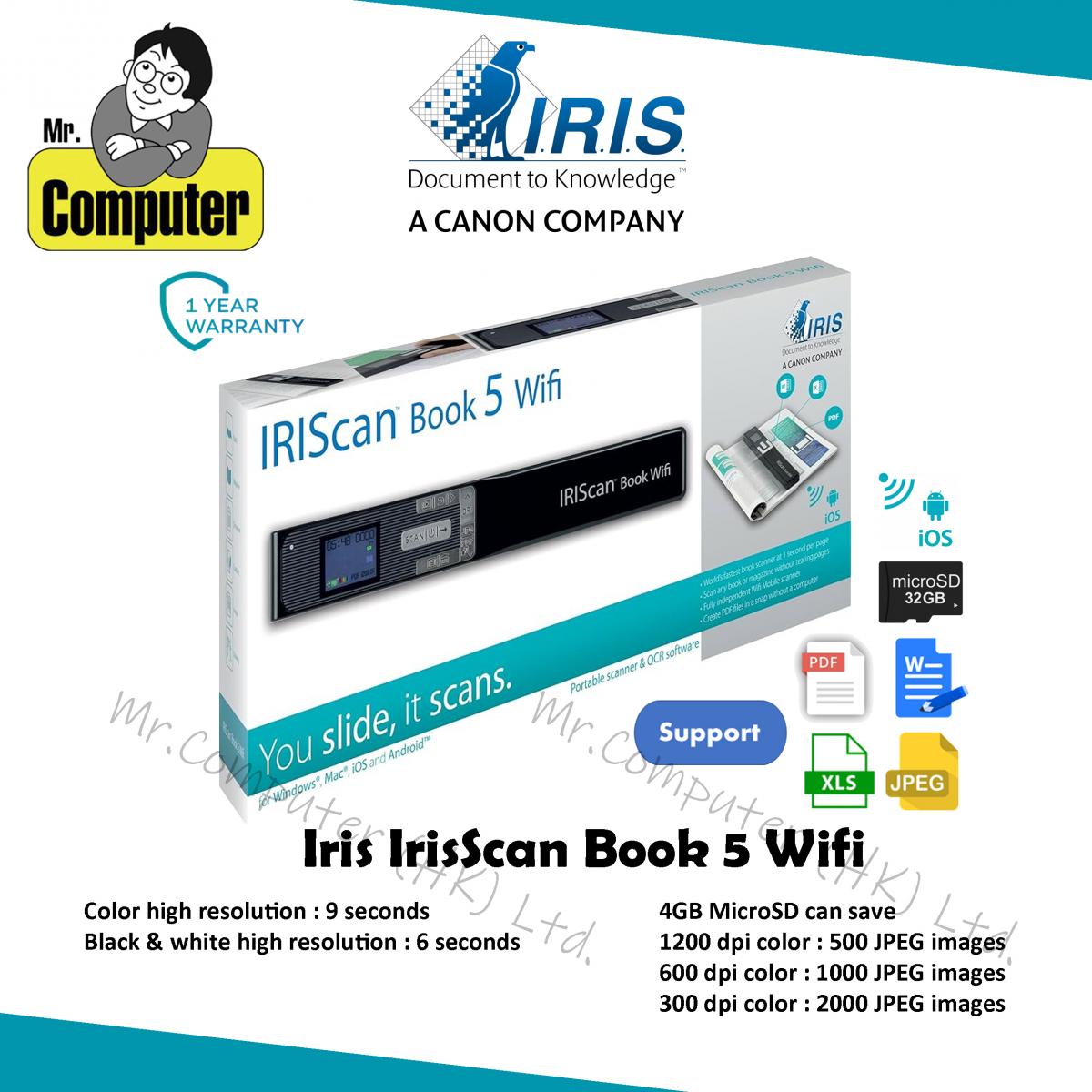 I.R.I.S. IRIScan Book 5 Wi-Fi Portable Scanner Specifications and