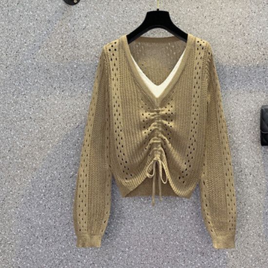 假兩件v領鏤空針織衫【卡其色】【M-4XL碼】（下單後請聯絡客服確認發貨尺碼）#K011003388