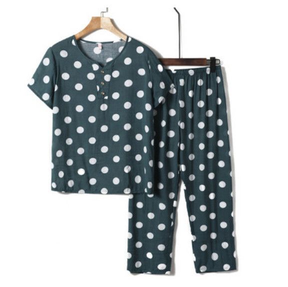 夏季中老年綿綢套裝（綠色圓圈）【尺碼：XL-4XL】【下單後聯絡客服確認發貨尺碼】F203013061