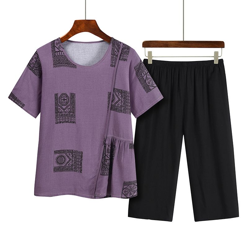 中老年媽媽短袖套裝(XL-4XL碼 紫色）【下單後請聯絡客服確認發貨尺碼】F001099366