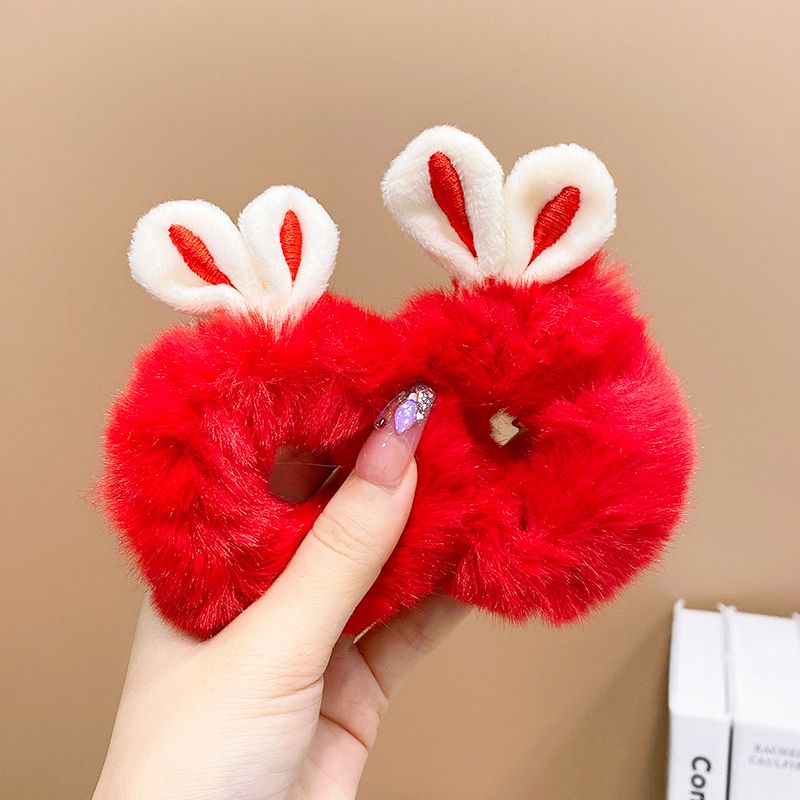 兒童毛絨髮圈髮繩頭繩有彈力頭飾(7#紅色兔耳朵（1對）)