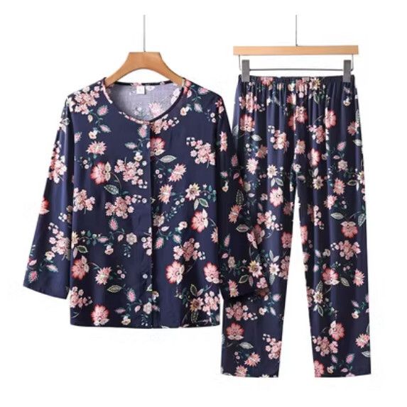 夏季中老年長袖開衫套裝（藏青蒲公英）【尺碼：XL-5XL】【下單後聯絡客服確認發貨尺碼】F203013097