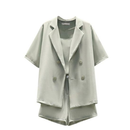 短褲吊帶小西服三件套【綠色】【L-4XL碼】（下單後請聯絡客服確認發貨尺碼）