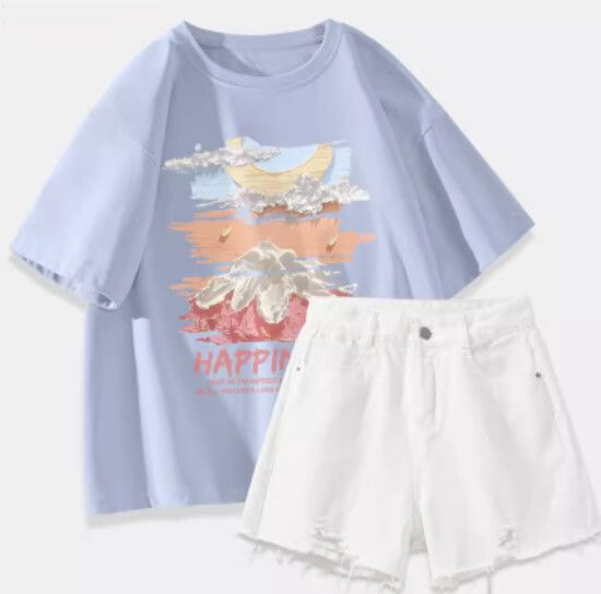 t恤+牛仔短褲【淺藍色（大油畫夢境）+白褲】【S-2XL碼】（下單後請聯絡客服確認發貨尺碼）#K011002457