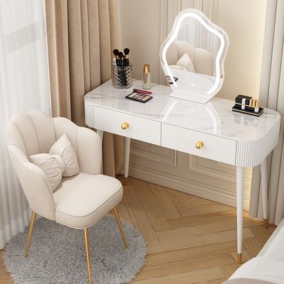 北歐奶油風臥室岩板化妝台（新款100岩板面+雲朵鏡+花瓣椅）
