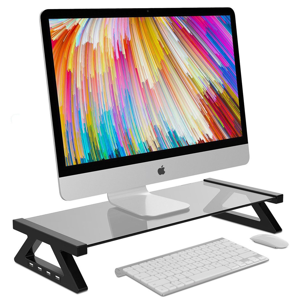 Mon Stand - High quality Tempered Glass Monitor Stand [Grey] w/USB2.0 Hubs Data Transmission