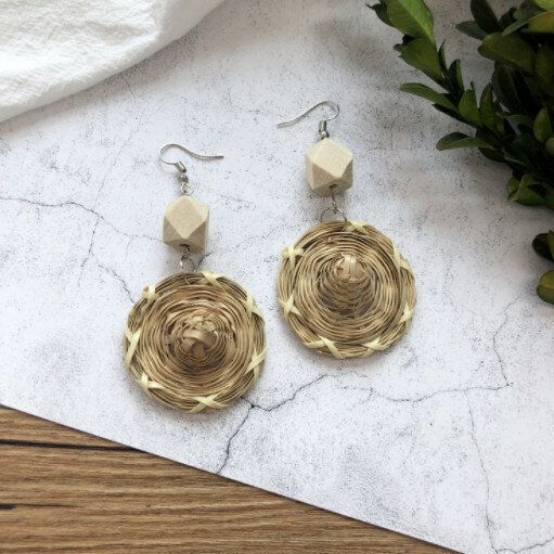 復古森系草籐編織耳環（淺棕色13-籐編草帽）（下單後請聯絡客服確認發貨款式）