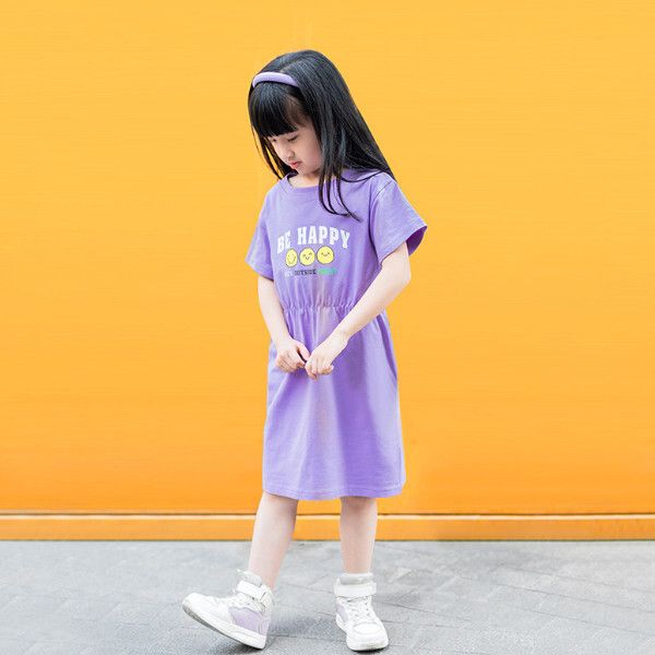 夏季韓版女童連衣裙 束腰笑臉A字短袖連衣裙（淺紫色）（尺碼120-160）(下單後聯絡客服確認發貨尺碼）#S279017557