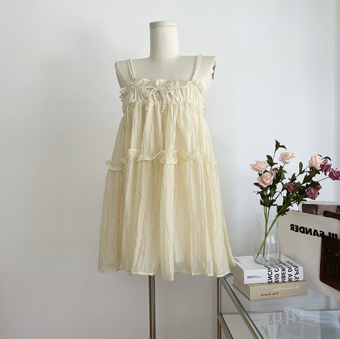 珍珠吊帶連衣裙（杏色）（規格：S-L碼）(下單後聯絡客服確認發貨尺碼)#F047043194