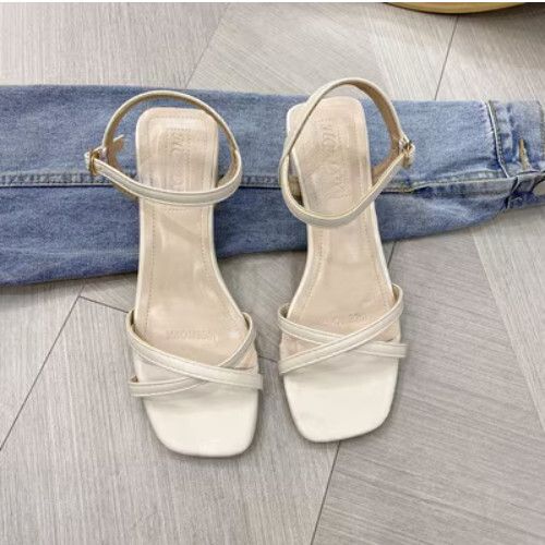 粗跟一字帶女涼鞋（米白色35-40碼）（下單后聯繫客服確認發貨尺碼）#F055002815