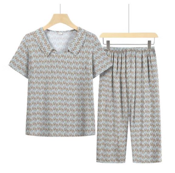 夏季中老年民族風兩件套套裝（藍底貝殼花）【尺碼：XL-4XL】【下單後聯絡客服確認發貨尺碼】F203013200