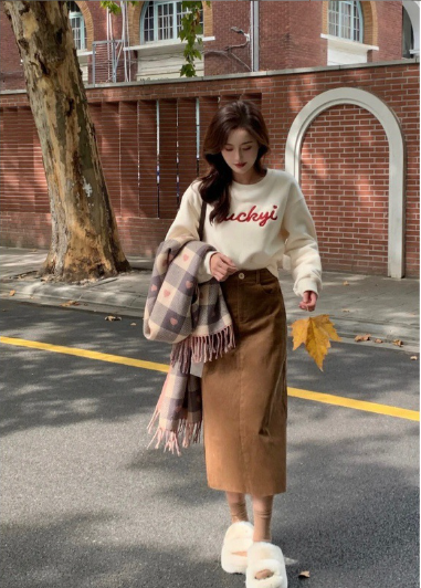 衛衣半身裙套裝（杏色衛衣+咖色半身裙）（規格：S-XL碼）(下單後聯絡客服確認發貨尺碼) #F047050384