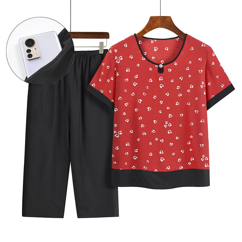 中老年媽媽短袖套裝(XL-4XL碼 紅色）【下單後請聯絡客服確認發貨尺碼】F001099342