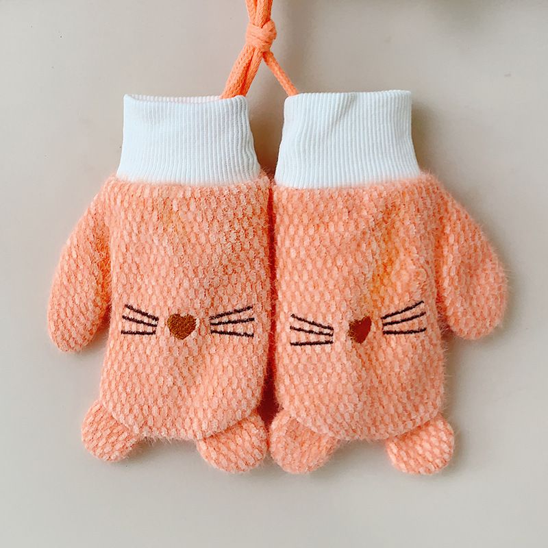 兒童刺繡包指掛脖加厚保暖手套(4-10歲橘色）#S001108299