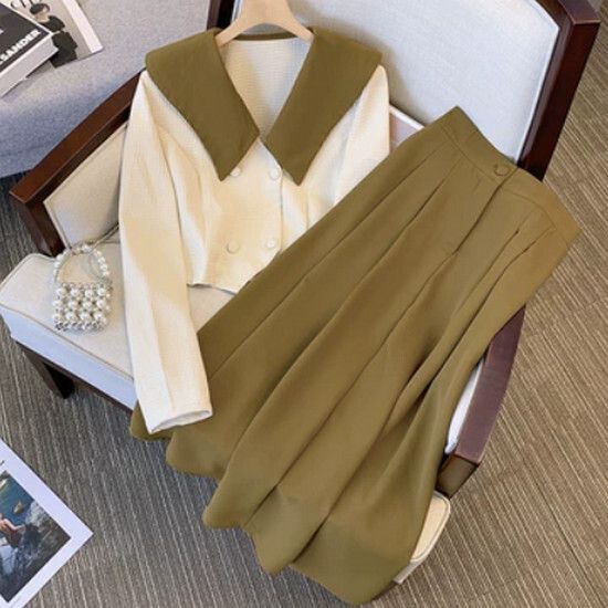 翻領上衣+半身裙套裝【軍綠色】【2XL-4XL碼】（下單後請聯絡客服確認發貨尺碼）#K011004320