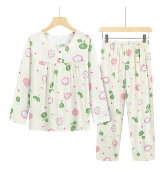 夏季中老年長袖套裝（淡黃火龍果）【尺碼：L-2XL】【下單後聯絡客服確認發貨尺碼】F203013202