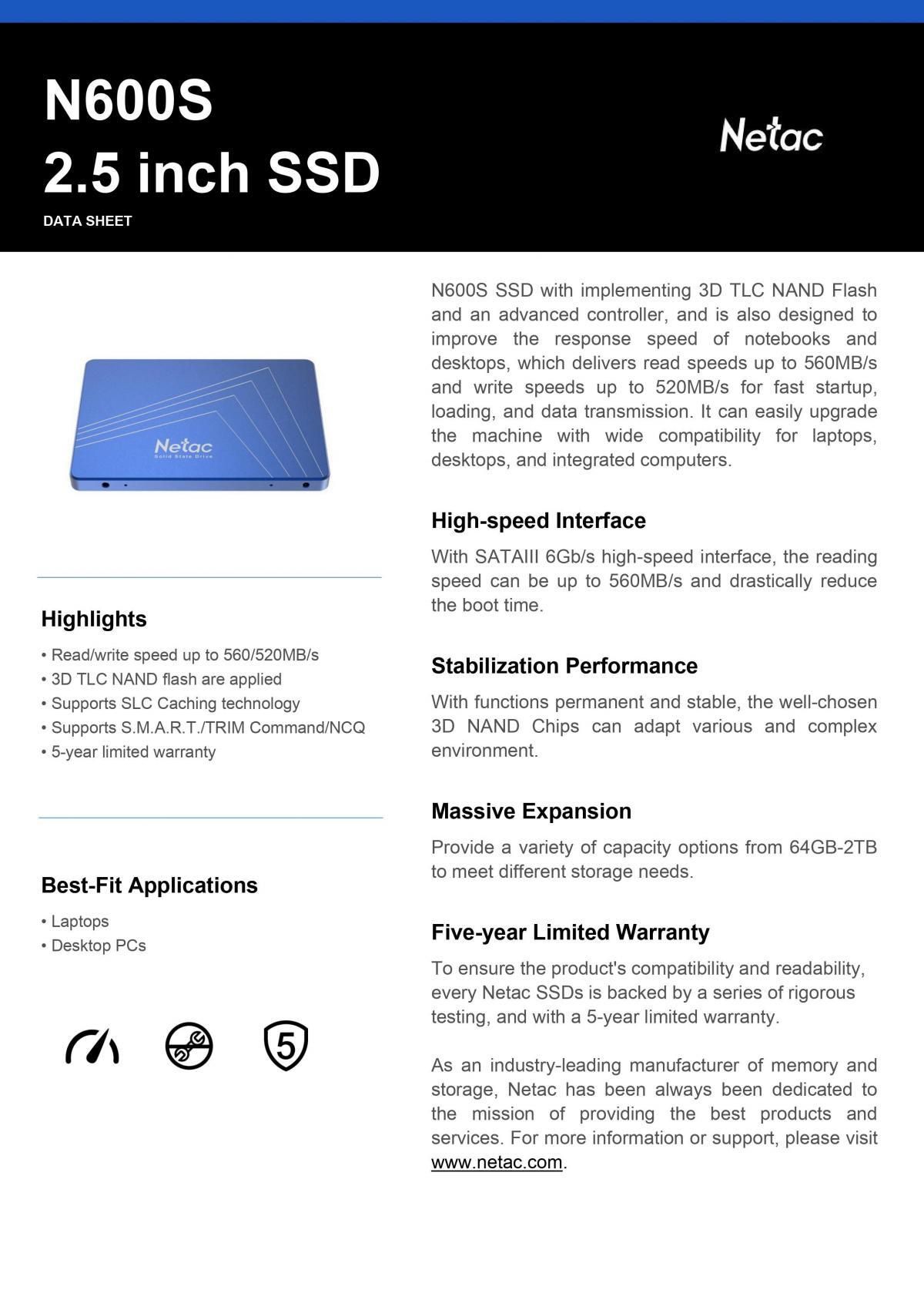 Netac | 1TB 2.5 SATAIII 3D Nand SSD 內置固態硬碟 (N600S) - NT01N600S-001T-S3X ...