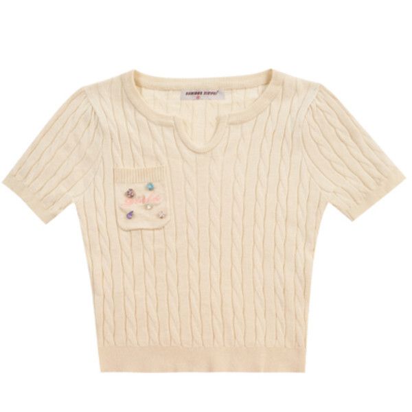 緊身碎鑽針織正肩短袖T卹（杏色）（尺碼：S/M/L）（下單後聯絡客服確認發貨尺碼）#F002072005