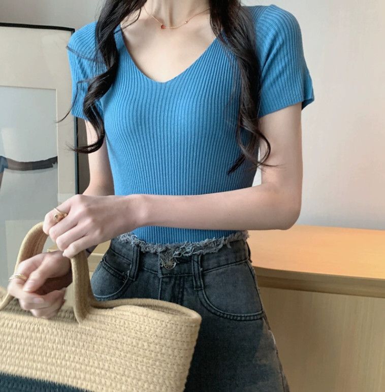 V領針織衫百搭修身（藍色 均碼）#F46015257