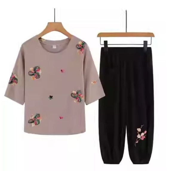 夏季中老年套裝（深卡其套裝）【尺碼：XL-4XL】【下單後聯絡客服確認發貨尺碼】F203013313