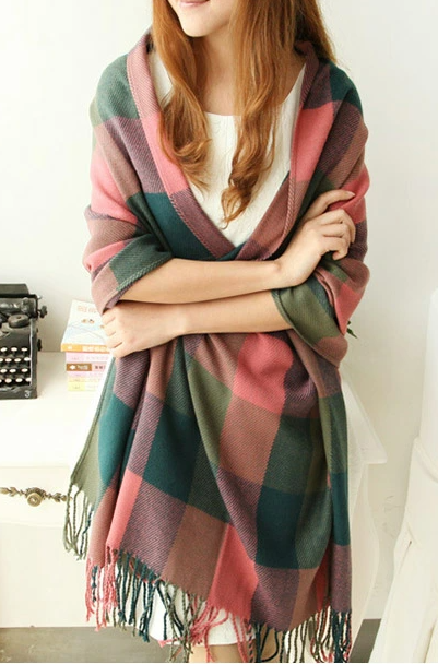 (綠+粉紅色格仔) 英倫格仔風格保暖披肩/圍巾/頸巾