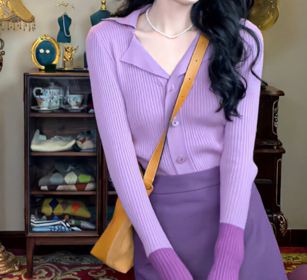 復古V拼色修身長袖針織開衫（紫色 均碼（建議體重90-130磅可穿）