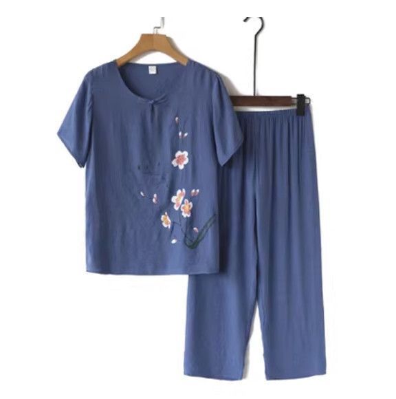 夏季中老年棉麻套裝（盤扣款藍色）【尺碼：XL-4XL】【下單後聯絡客服確認發貨尺碼】F203013017