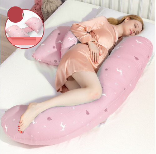 多功能孕婦枕頭護腰側睡側臥枕哺乳枕u型靠墊（粉色麋鹿）（均碼：160*80*20【高度可調】
