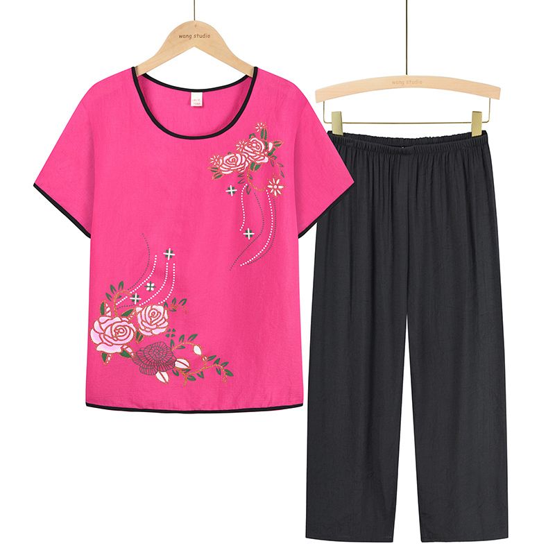 中老年媽媽短袖套裝(XL-4XL碼 玫紅色）【下單後請聯絡客服確認發貨尺碼】F001099446