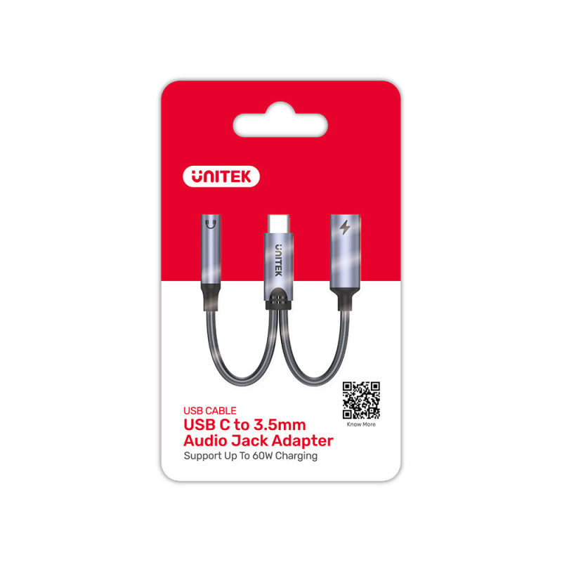 Unitek USB-C 2-in-1 AUX 3.5mm stereo audio and USB-PD charging splitter