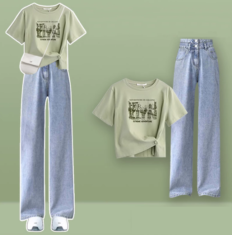 時尚套裝（綠色上衣+藍色牛仔褲L-3XL）（下單後聯絡客服確認發貨尺碼）#F350001149