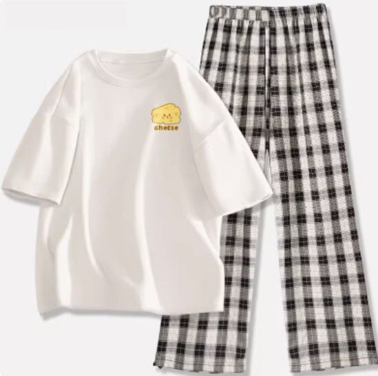 短袖束腳格子褲套裝【白色（乳酪塊）+黑白褲】【S-2XL碼】（下單後請聯絡客服確認發貨尺碼）#K011002555