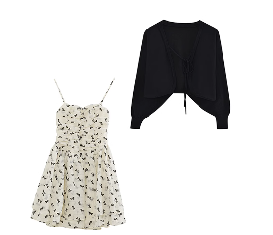 開衫吊帶連衣裙兩件套（杏色連衣裙黑色開衫）（規格：S-L碼）(下單後聯絡客服確認發貨尺碼)#F047043622