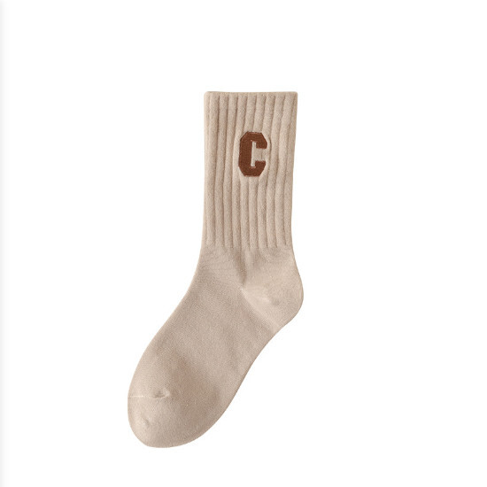女款字母中筒純色棉襪子（米色）#N55_003_341