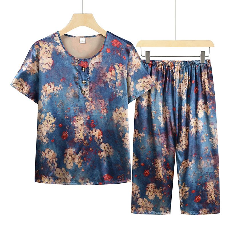 中老年媽媽短袖套裝(XL-4XL碼 天藍色）【下單後請聯絡客服確認發貨尺碼】F001099419