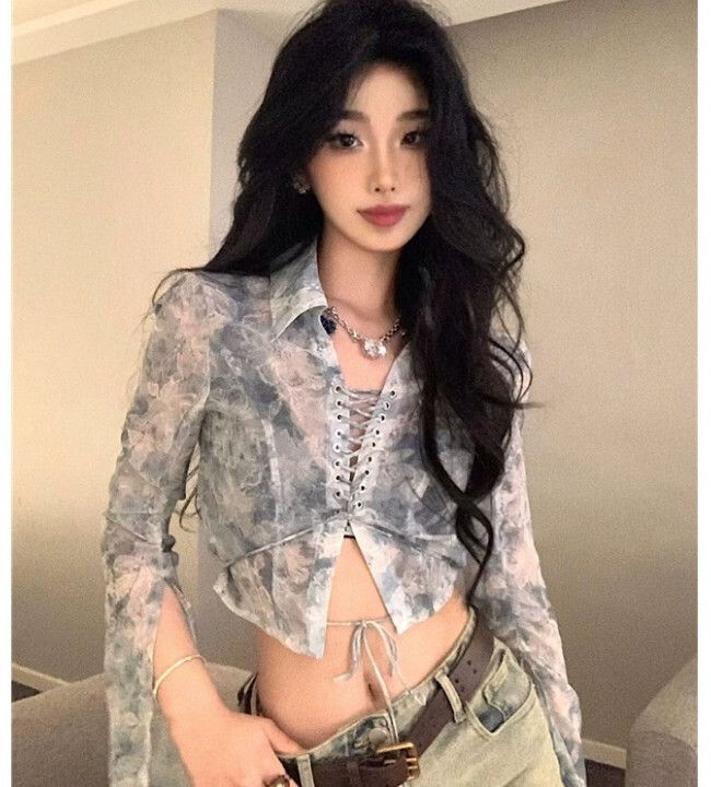 綁帶紮染長袖上衣 雪紡襯衫（淡藍色）（尺碼：S/M/L/XL）（下單後聯絡客服確認發貨尺碼）#S002078068