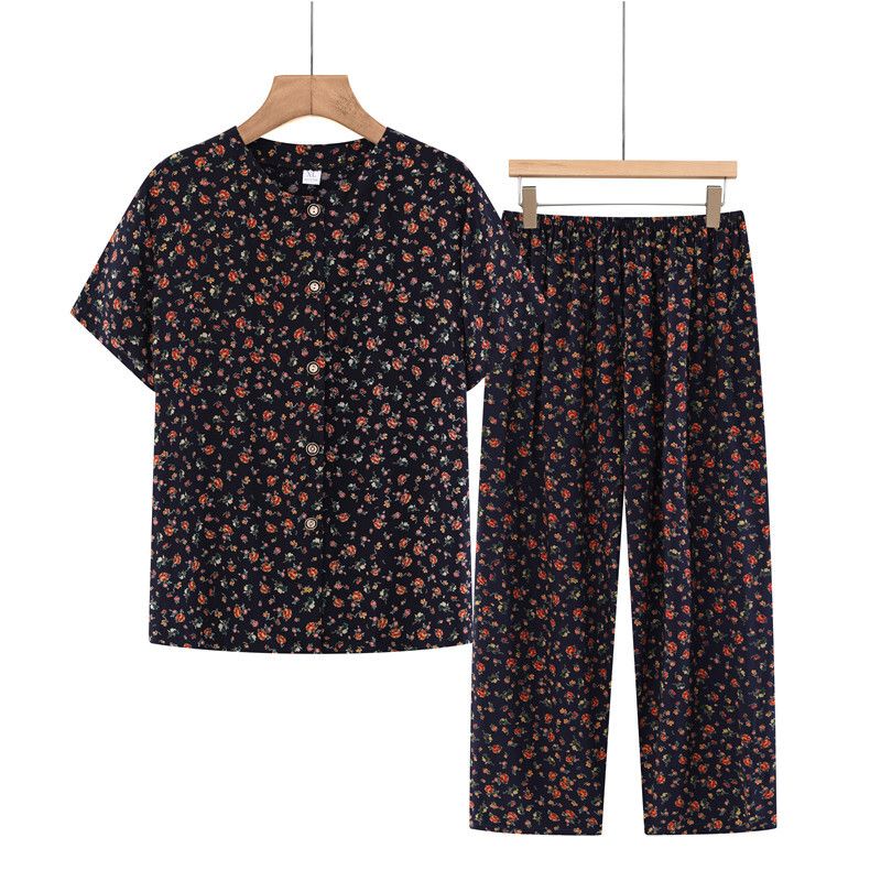 中老年媽媽短袖套裝(XL-4XL碼 黑色黃花）【下單後請聯絡客服確認發貨尺碼】F001099407