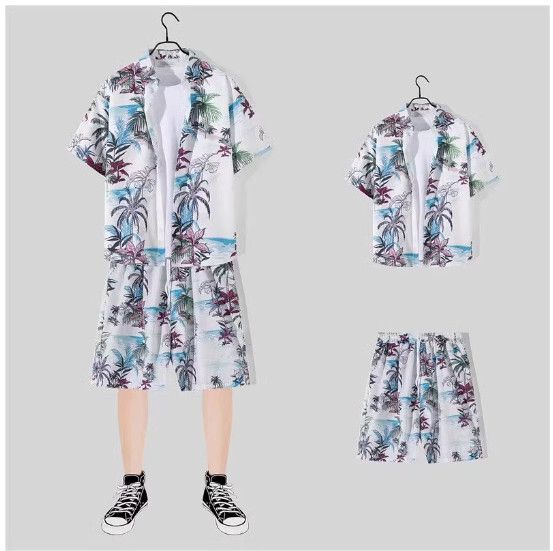 男士沙灘裝冰絲短袖花襯衫套裝【2112白色 一套】(尺碼：M-3XL）【下單後請聯絡客服確認發貨尺碼】#S158036027