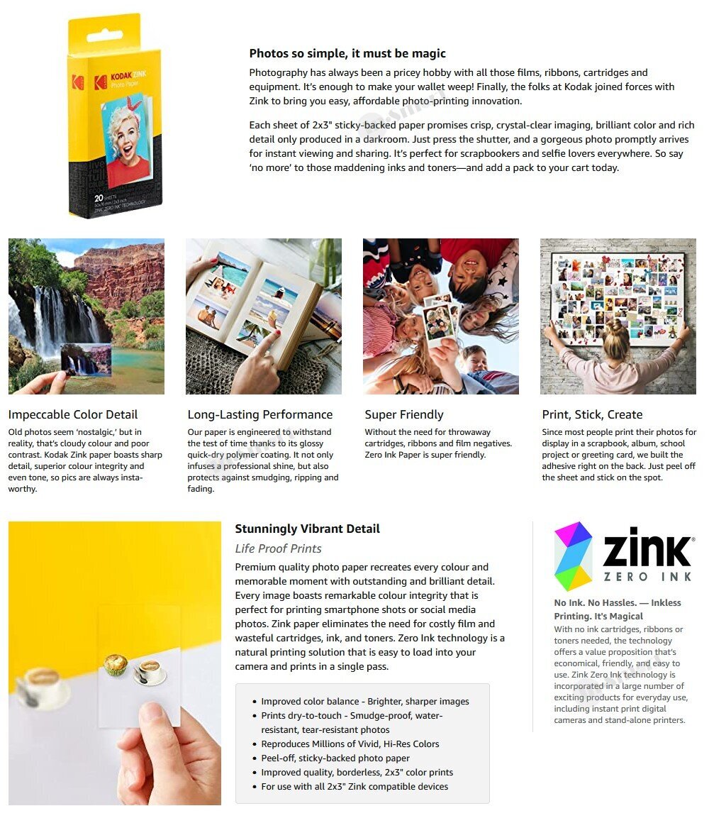 KODAK, 2x3 Premium Zink Photo Paper (50 Sheets) Compatible with Kodak  Printomatic, Smile, Step, Size : 50