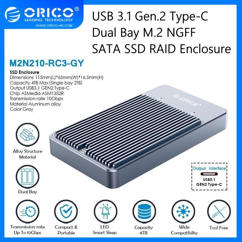 Dual-bay M.2 NGFF SATA SSD Enclosure With Raid 2 Year Warranty (M2N210-RC3)