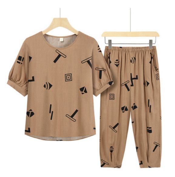 夏季中老年兩件套套裝（咖啡T格子）【尺碼：XL-3XL】【下單後聯絡客服確認發貨尺碼】F203013150
