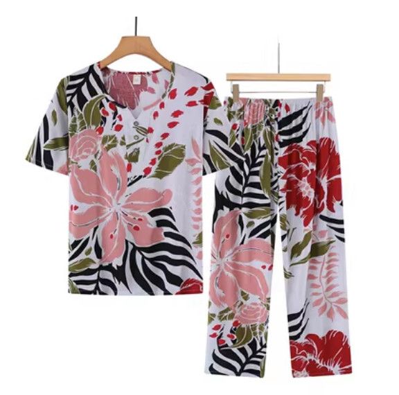 夏季中老年綿綢套裝（紅色大花）【尺碼：XL-4XL】【下單後聯絡客服確認發貨尺碼】F203013234
