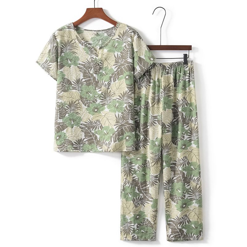 老年人短袖套裝( XL-4XL碼 綠色葉子）【下單後請聯絡客服確認發貨尺碼】F001099095