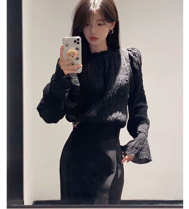 泡泡袖黑色長袖襯衫上衣（黑色上衣）（尺碼：S/M/L/XL）（下單後聯絡客服確認發貨尺碼）#S002078060