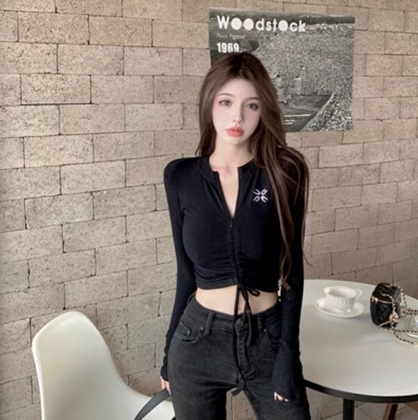 抽繩緊身顯瘦T卹(黑色,均碼)#F220012128